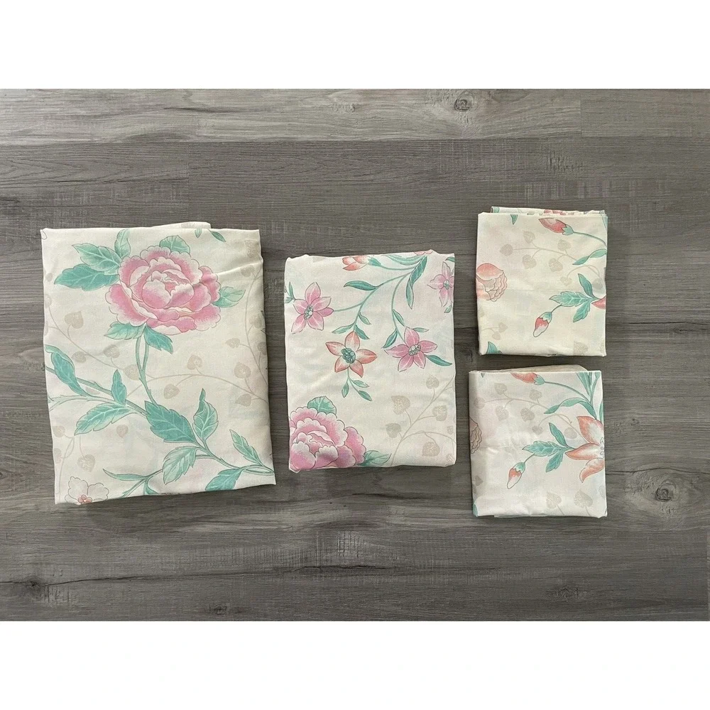 Vintage Lady Pepperell‎ Grandeur Double/Full 4 Pc Sheet Set Coral Green Pink